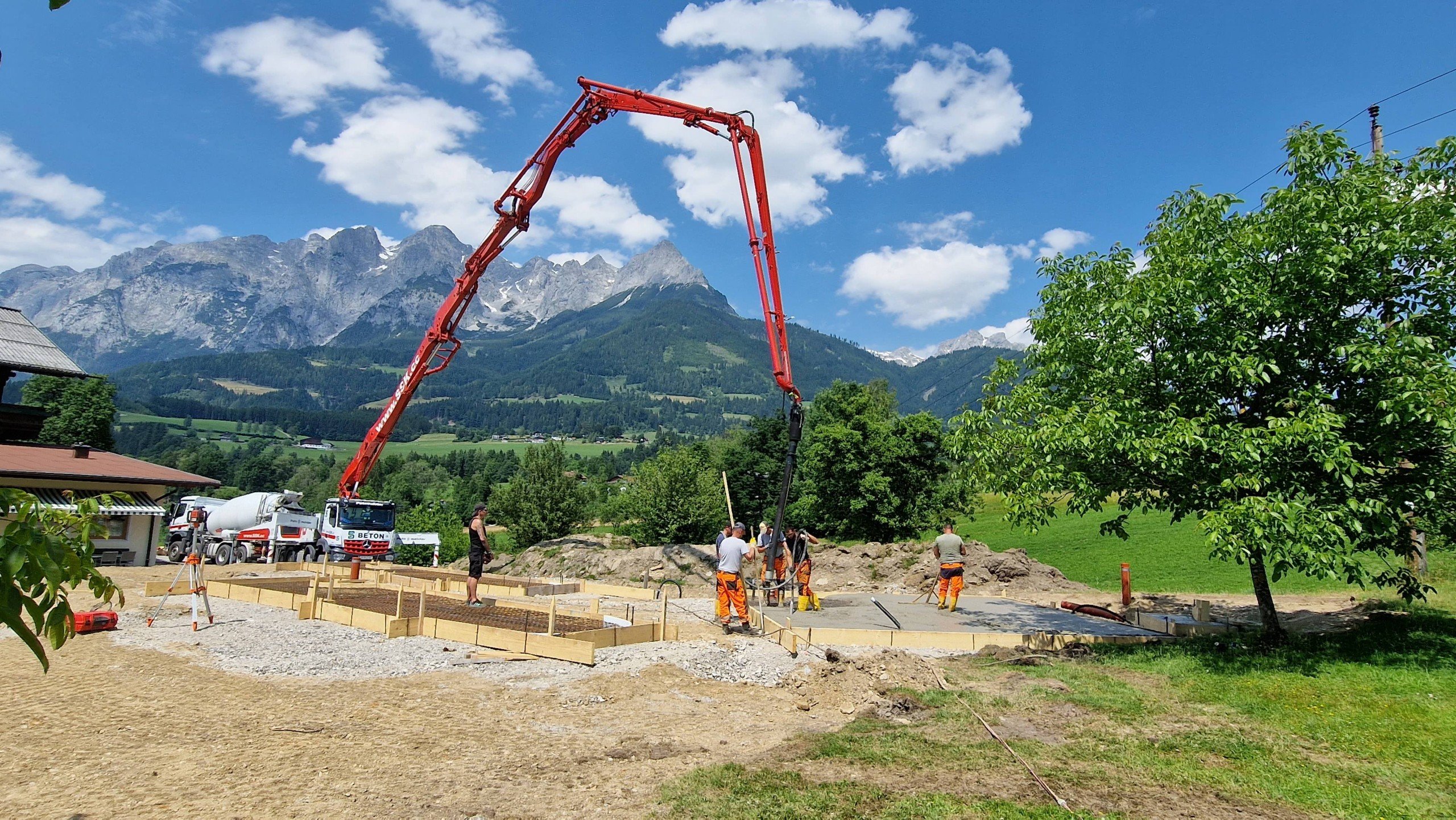 Pouring concrete for the cabins in Austria